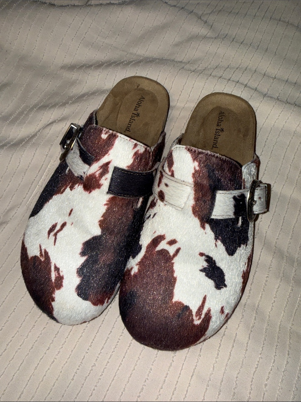 Aloha Island Brown & White Cowhide Slip-On Clogs with Buckle